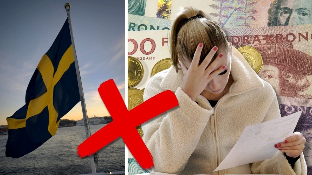 Sverigeflagga och kvinna som betalar faktura.