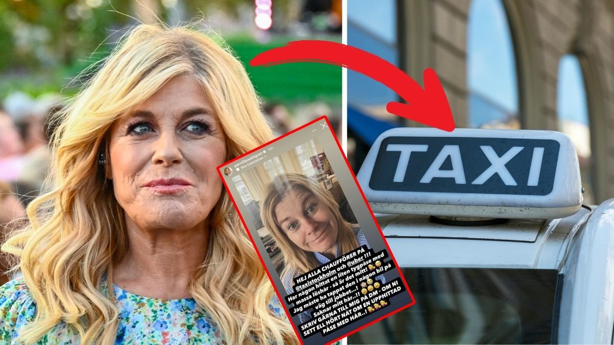 Pernilla Wahlgren vänster. Närbild taxi höger. Utklippt bild av Instagram-storyn i mitten med röd kant. Röd pil pekar från Pernilla till Taxin.