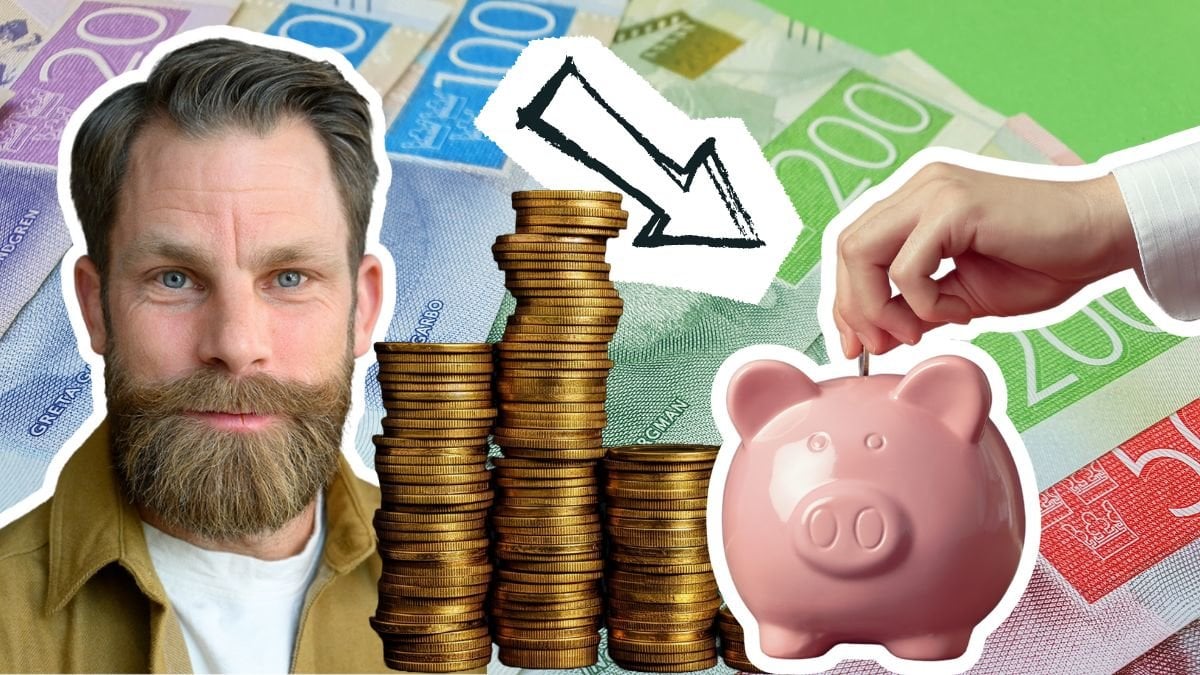 Magnus Hjelmér och en spargris där någon stoppar ner ett mynt