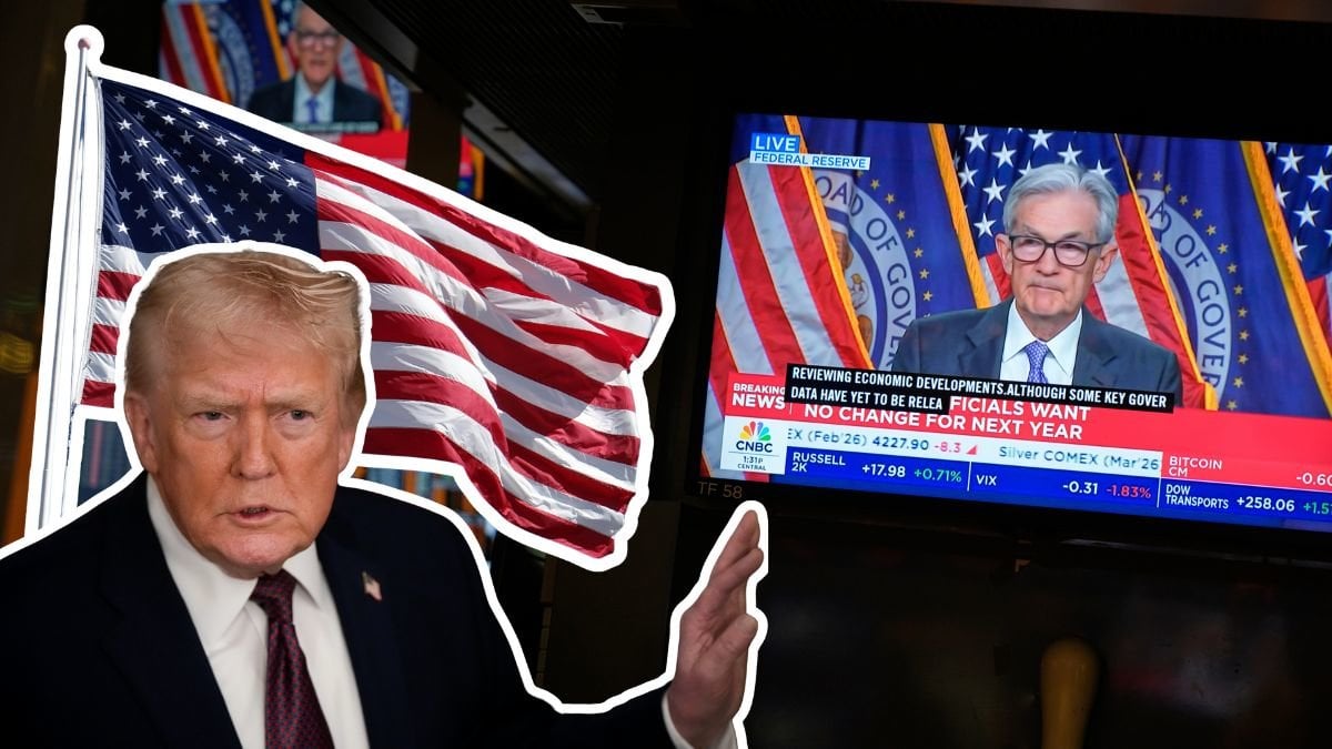 Donald Trump, USA:s flagga och Fed-chefen Jerome Powell.