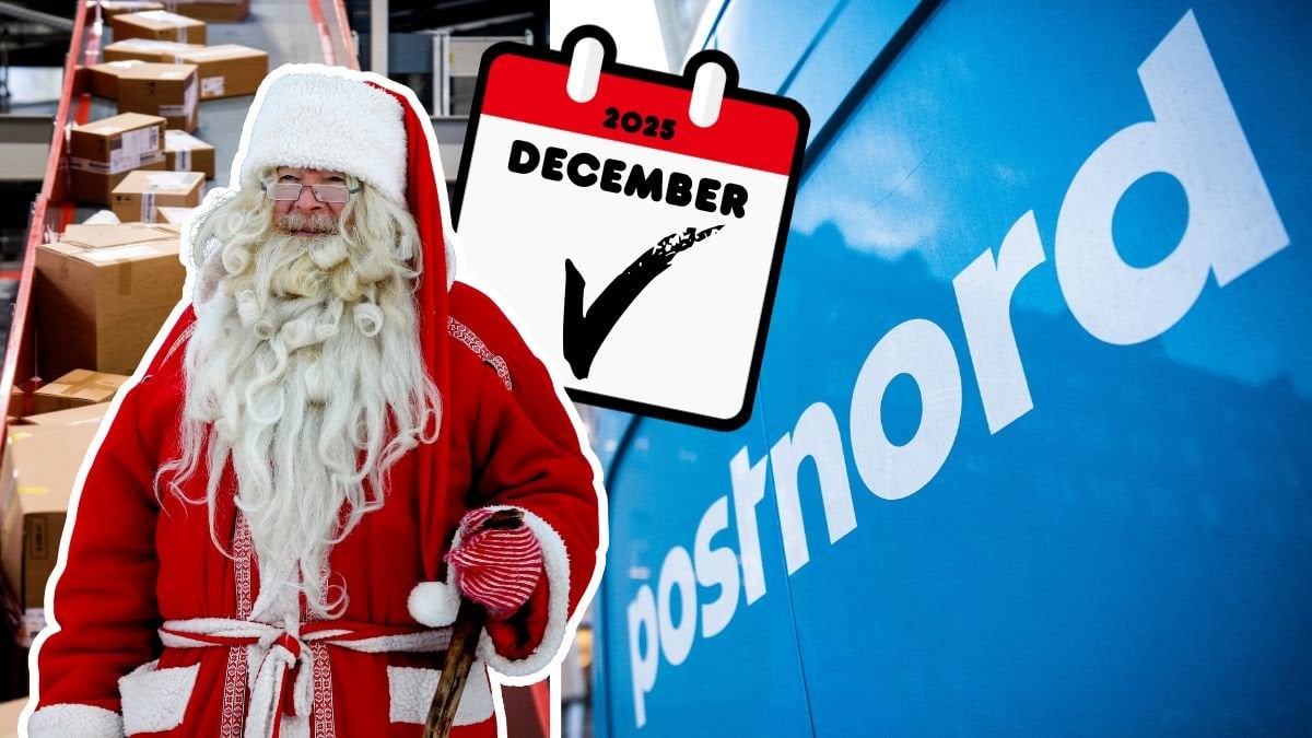Paket på postterminal, en jultomte och en Postnord-bil