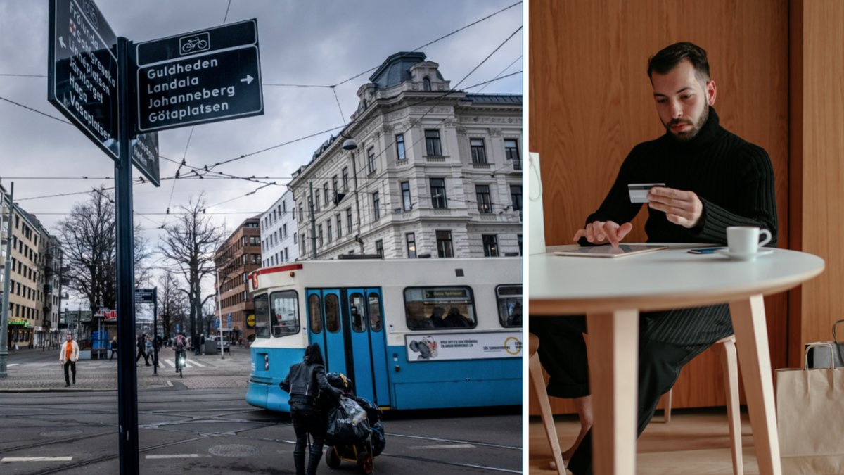 Genrebild på Göteborg och en bild på en man med kreditkort.