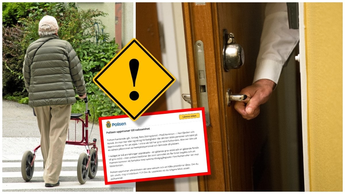 Äldre kvinna med rullator och en person som öppnar en ytterdörr