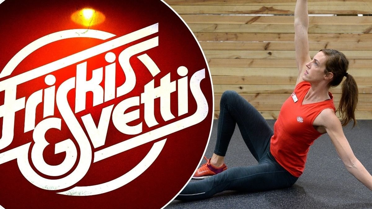 Bilder på Friskis logga och en person som gymmar.