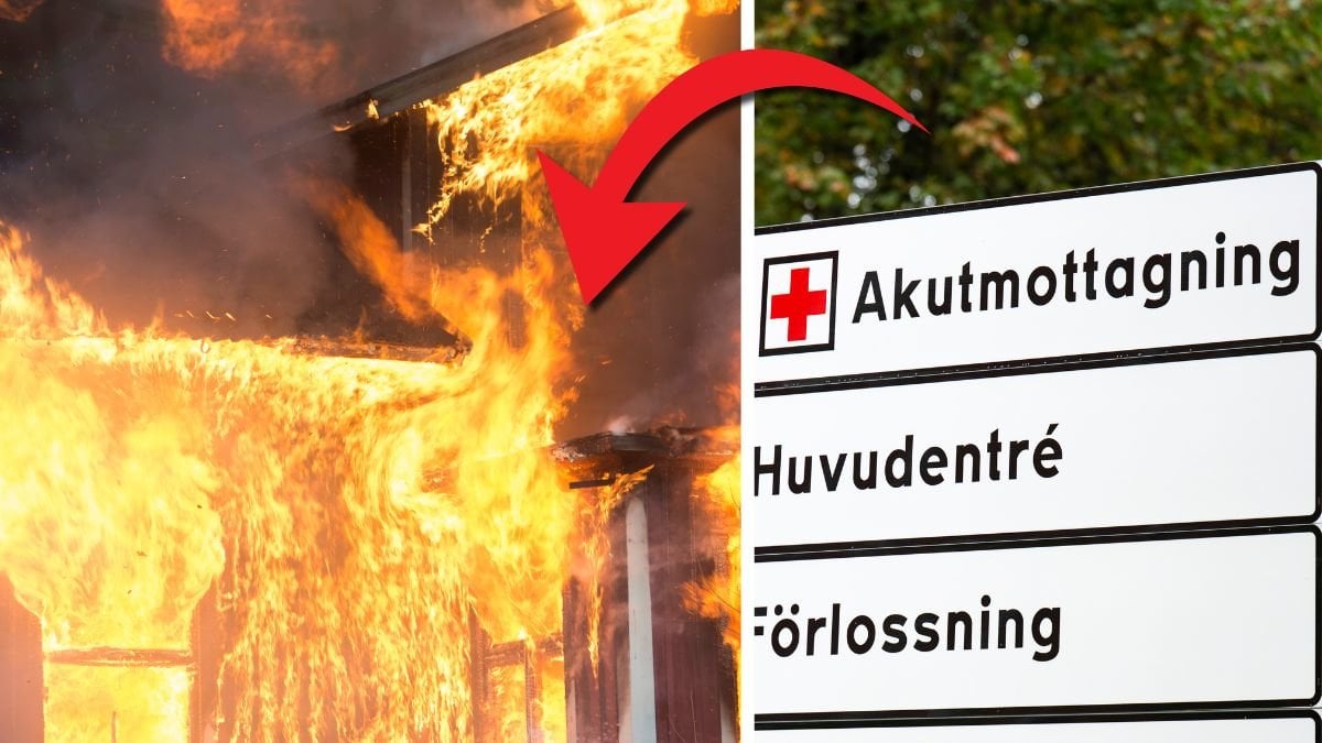 Eld till vänster. Akutmottagning till höger. Röd pil pekar på branden. 