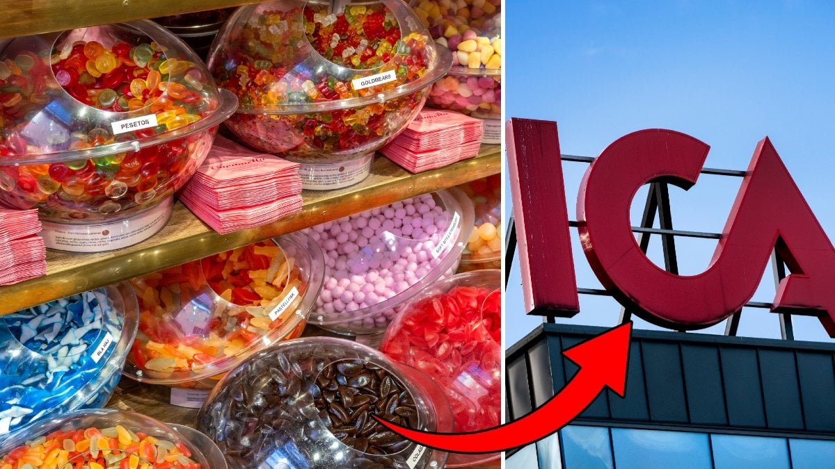 Bilder på lösviktsgodis och en Ica-skylt.