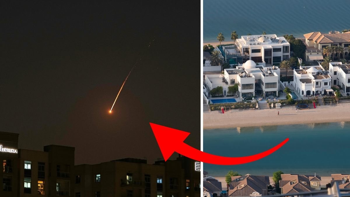 Missil Dubai vänster. Ön Palm Jumeirah höger.