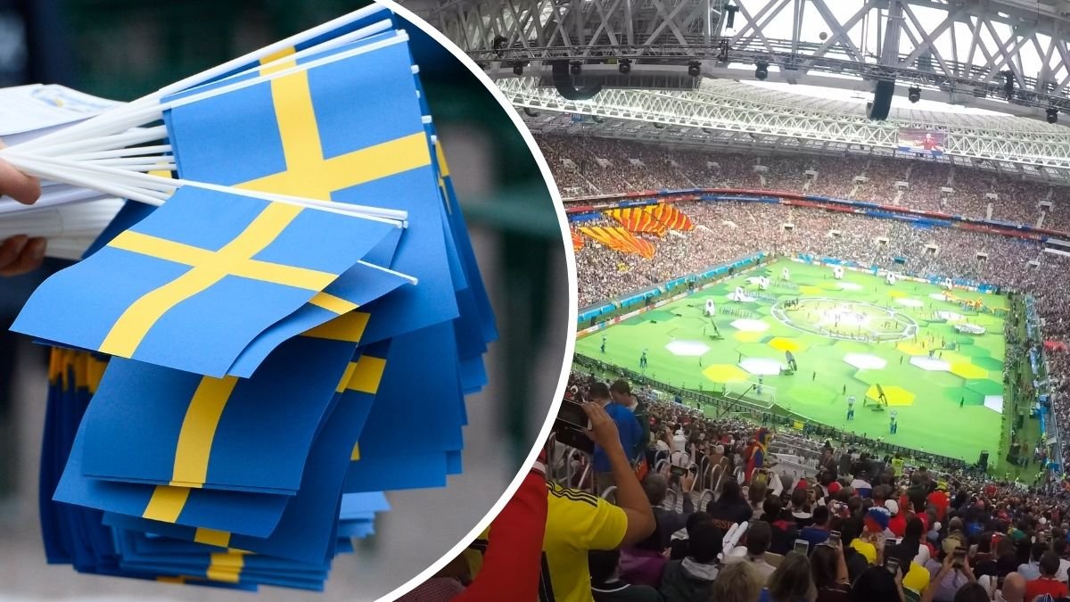 Sverige-vimplar och en fotbollsplan.