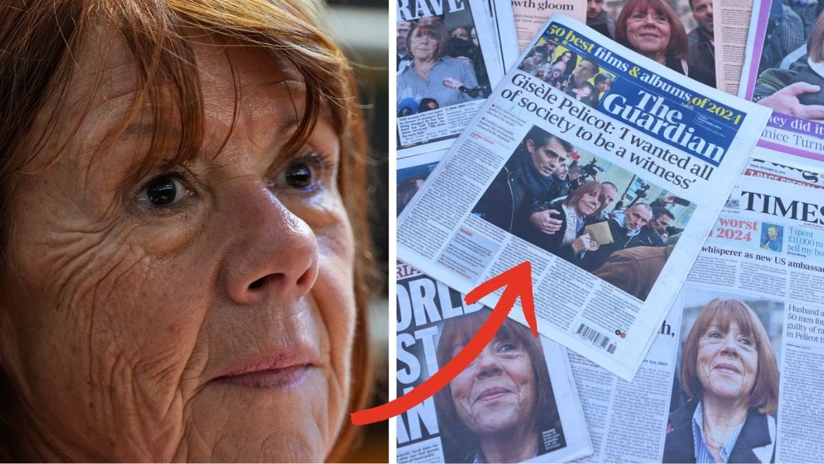 Gisele Pelicot närbild, vänster. Tidningar med rubriker om Gisele Pelicot höger.