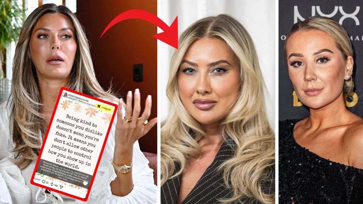 Bianca Ingrosso till vänster, Hanna Friberg i mitten, Alexandra Nillson till höger. En röd pil pekar från Bianca Ingrosso till Hanna Friberg.