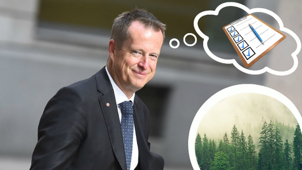 Anders Ygeman tänker på en lista. Skog i en vit cirkel.