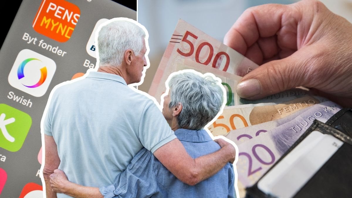 Pensionsmyndighetens app, pengar och ett par som håller om varandra.