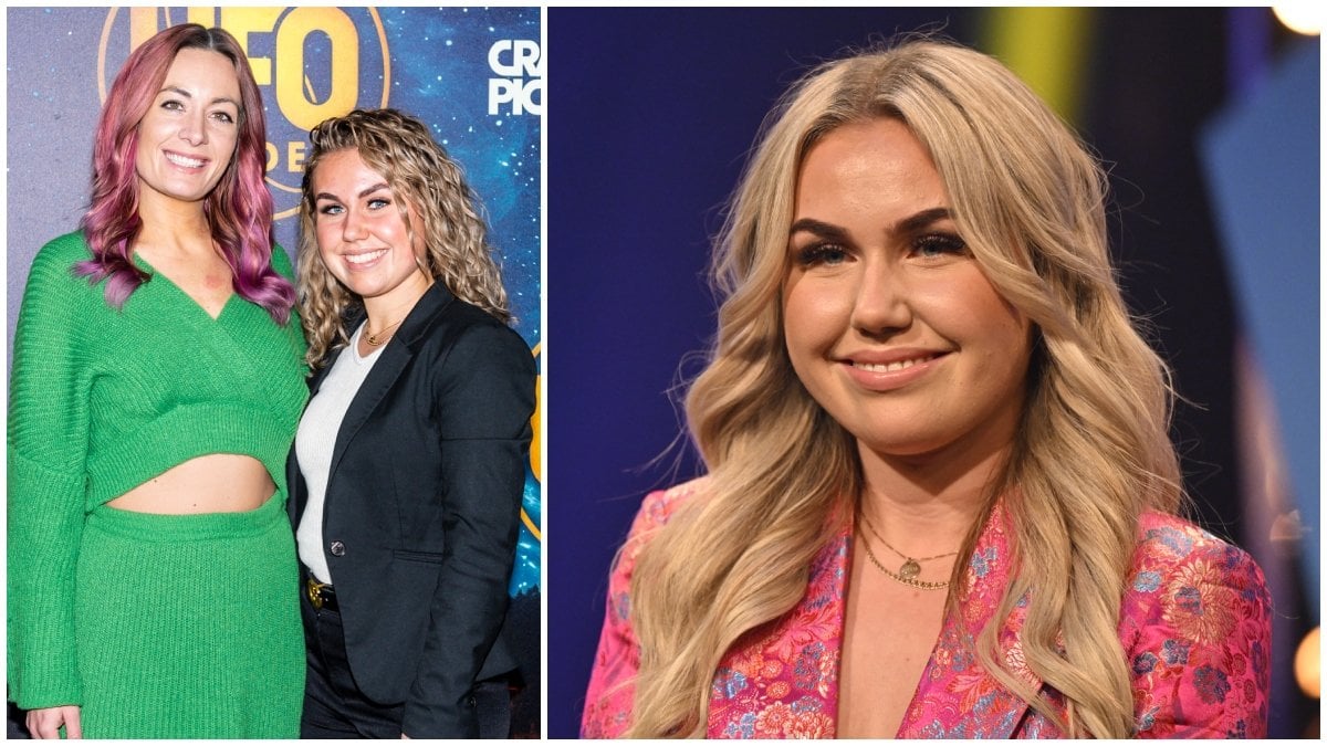 Lia Larsson är med i Melodifestivalen 2024. Till vänster tillsammans med låtskrivaren My Söderholm. 
