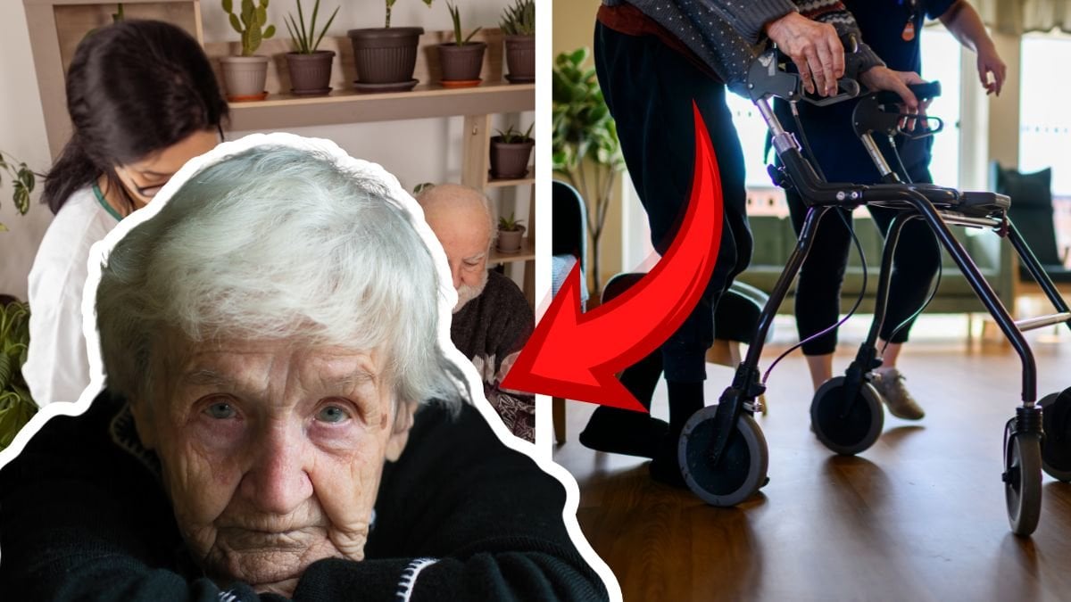 Ett vårdbiträde och en man vänster. En person hjälper någon med rullator höger. En äldre kvinna med sorgsen min till vänster.