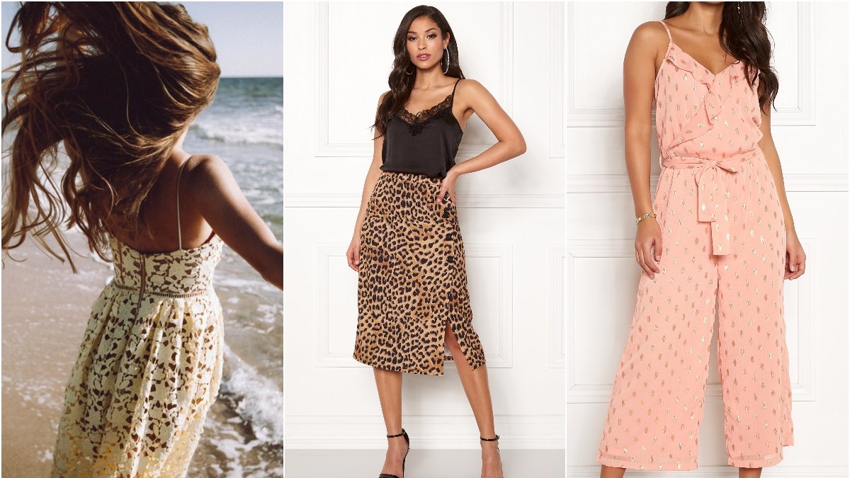Gul spetskläninng, midikjol i leopard, rosa prickig jumpsuit
