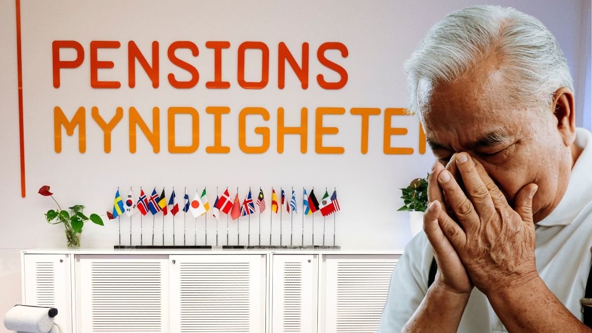 Pensionsmyndigheten och en man som har händerna för ansiktet.