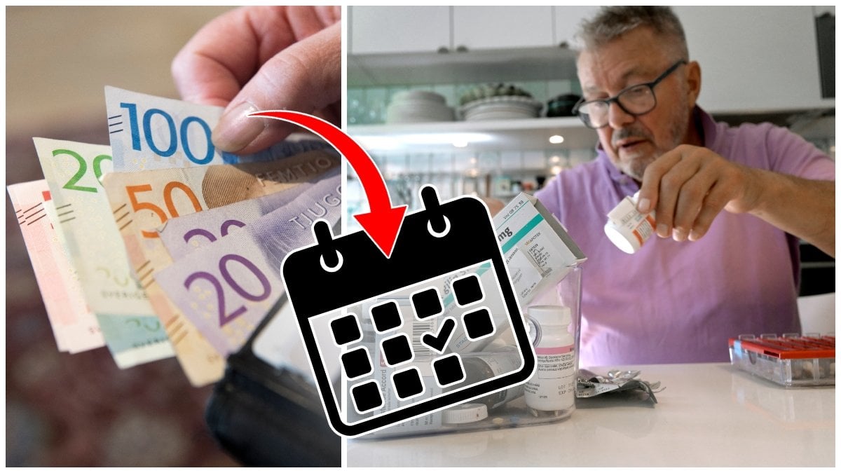 Svenska sedlar i plånbok och en man som sorterar medicin vid ett bord