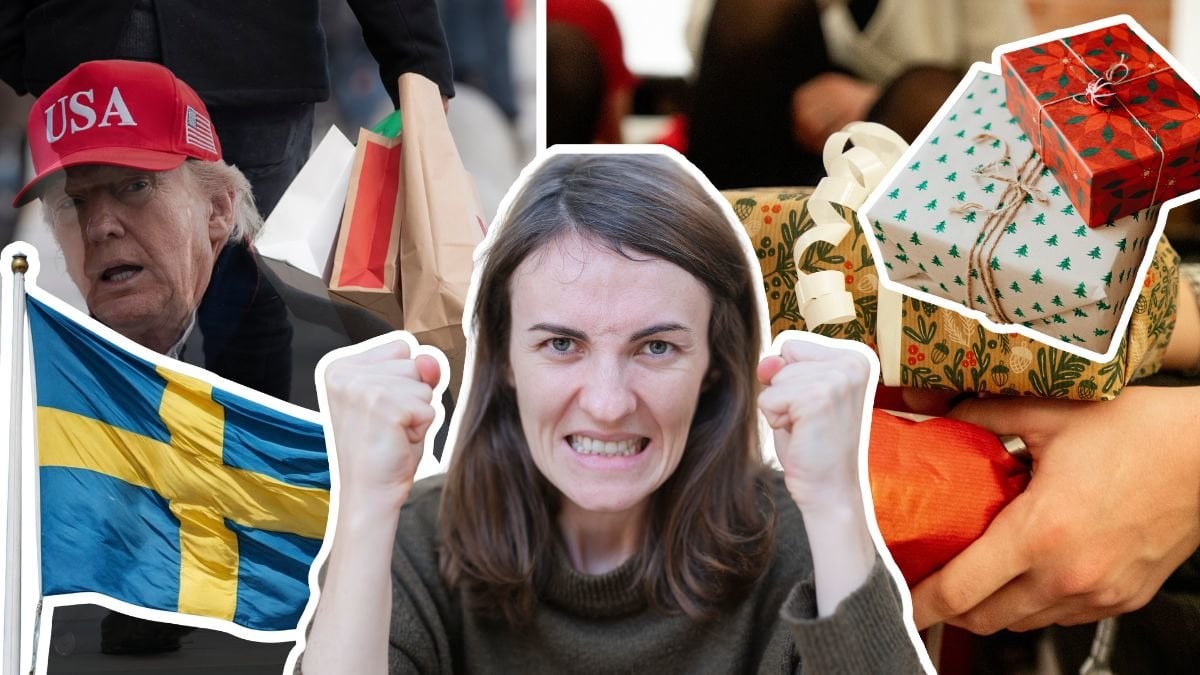 En bild på en som håller i kassar till vänster. Overlay är en bild på Donald Trump med en röd USA keps på sig. Bilder på julklappar till höger. Utklippt kvinna i mitten med händerna uppe och knutna med ett argsint ansiktsuttryck. En utklippt Sverige-flagga till nedersta vänstra hörnet. Utklippta julklappar högst upp i högra hörnet.
