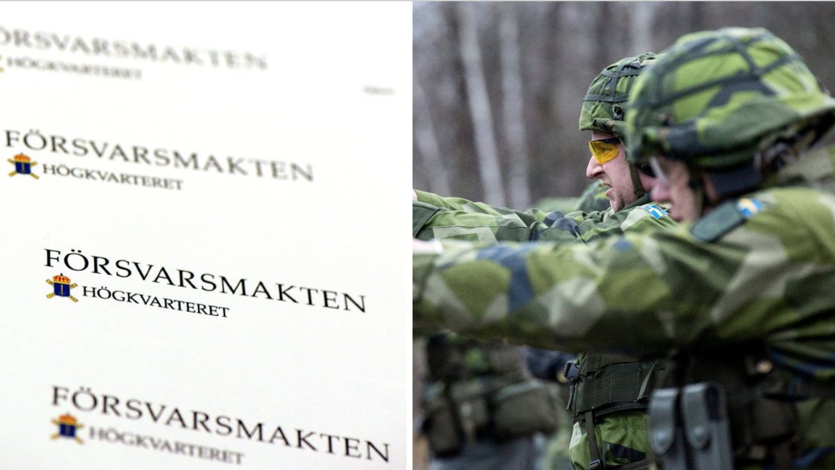 Bild på försvarsmaktens logga samt på två hemvärnssoldater