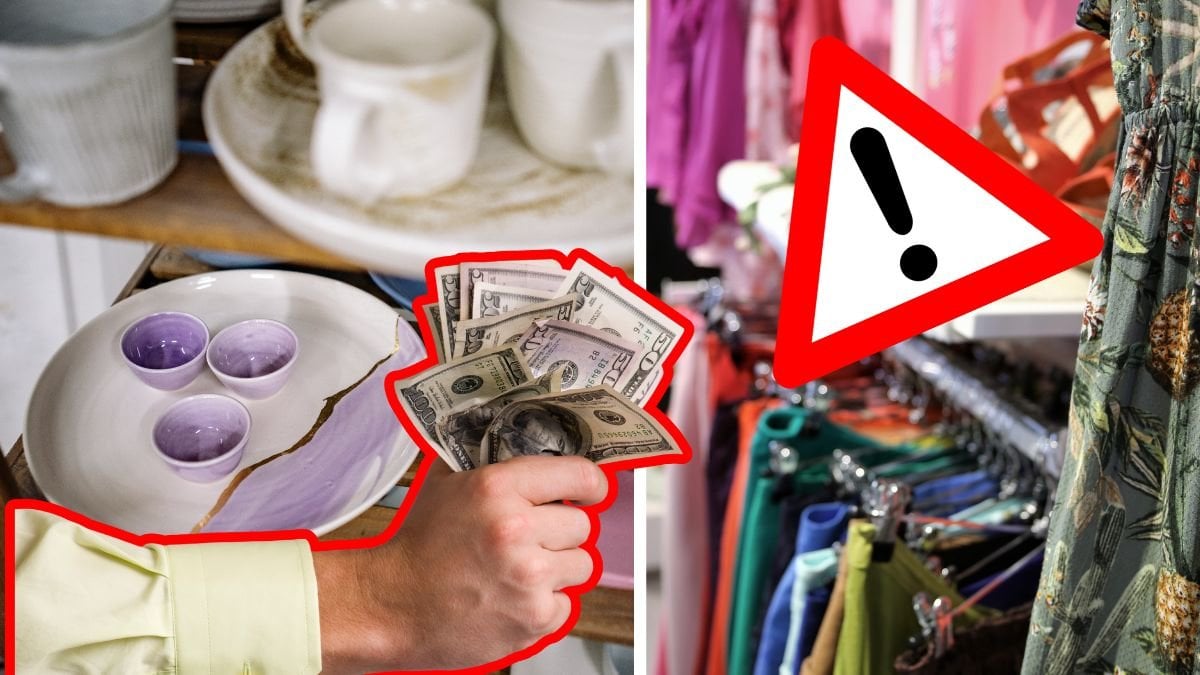 Porslin vänster. Begagnade kläder höger. Hand utklippt med kontanter vänster. Varningskylt höger.