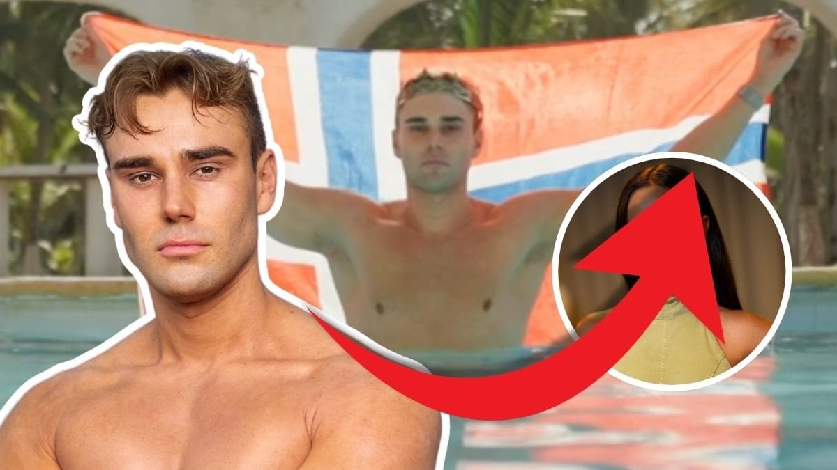 Närbild på Paradise Hotel-deltagaren Johannes Magnussen och Johannes Magnussen som håller i en norsk flagga i en pool och en röd pil som pekar mot Bettina Buchanan 