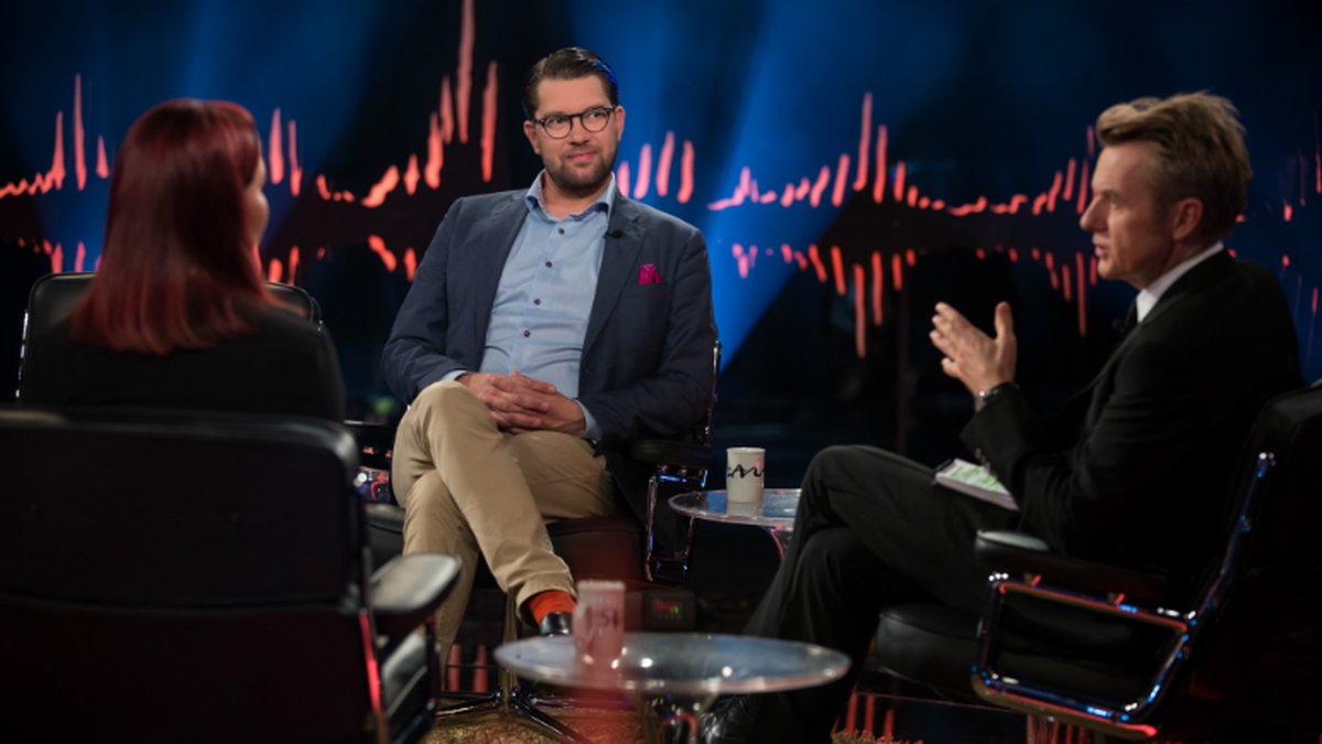 Louise Erixon, Jimmie Åkesson och Fredrik Skavlan i Skavlan-studion.