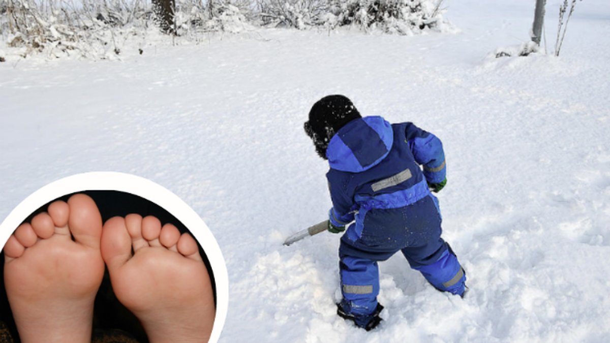 Fötter, barn skottar snö