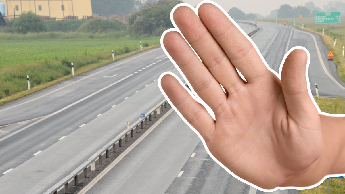 E22:an norr om Lund i bakgrunden. En hand som signalerar stopp utklippt höger.