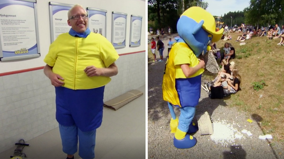 en man i gul och blå dräkt