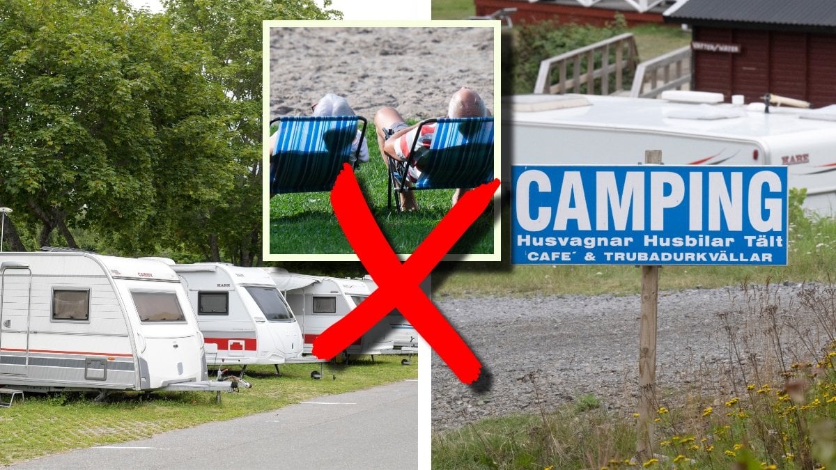 Bilden till vänster visar husbilar. Bilden i mitten visar två personer i solstolar. Bilden till höger visar en skylt med texten camping. 