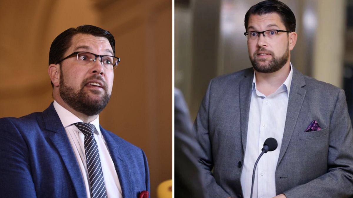 Sverigedemokraternas partiledare Jimmie Åkesson (SD) anländer till TV4:s partiledarutfrågning.