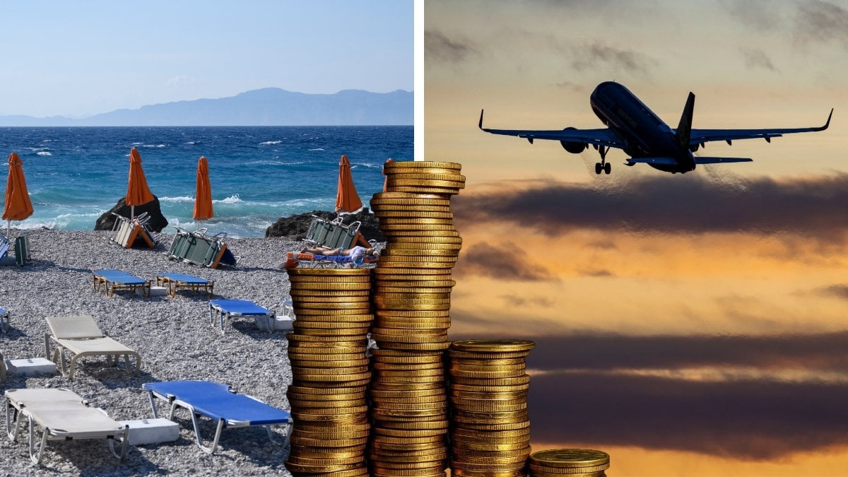 Bilden till vänster visar en strand. Bilden till höger visar ett flygplan i luften.