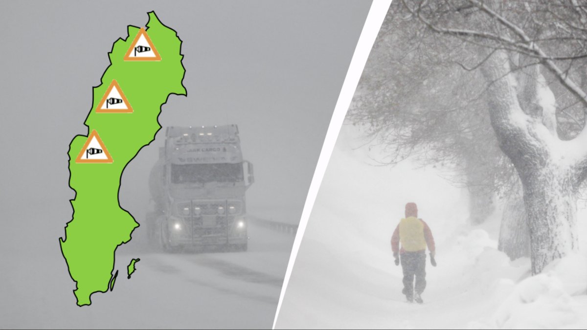 Sverigekarta, lastbil i snöoväder