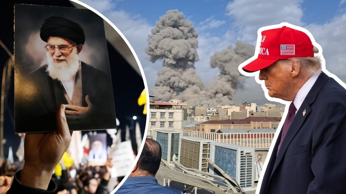 Bild på ayatollan, explosion i Teheran och USA:s president Donald Trump