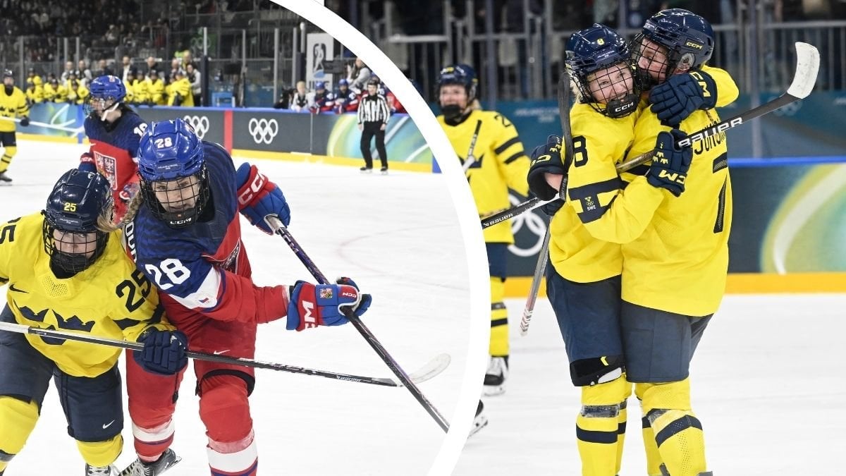 Tre Kronor-landslaget och Tjeckiens landslag till höger och vänster.