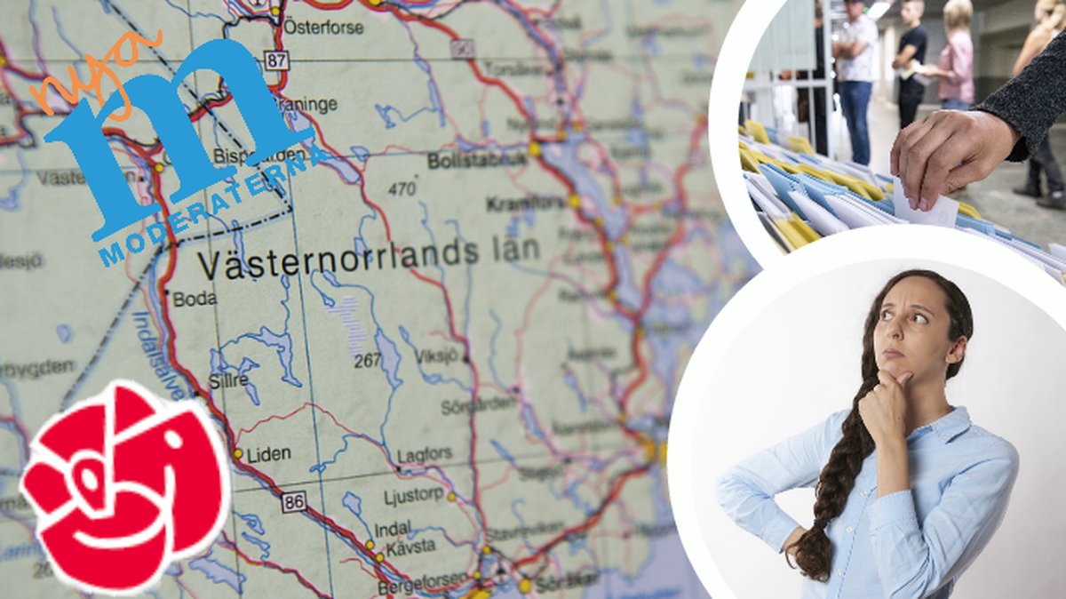 Karta över västerbottens län. Partiers logotyper, undrande tjej, hand som tar valsedel.