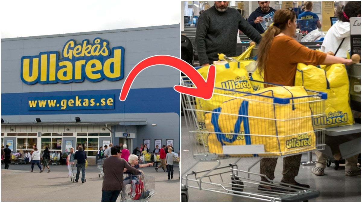 Varuhuset Ullared utifrån och en bild på en kundvagn fylld av gula Gekas-kassar.