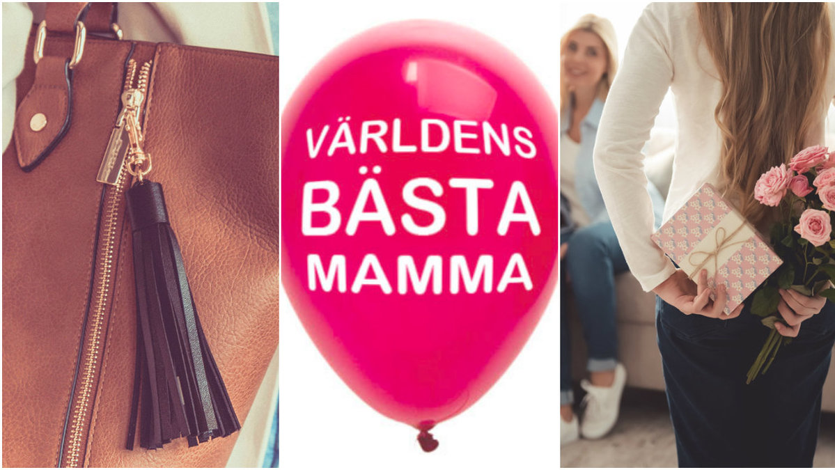 Väska, rosa ballong, tjej med paket och blommor