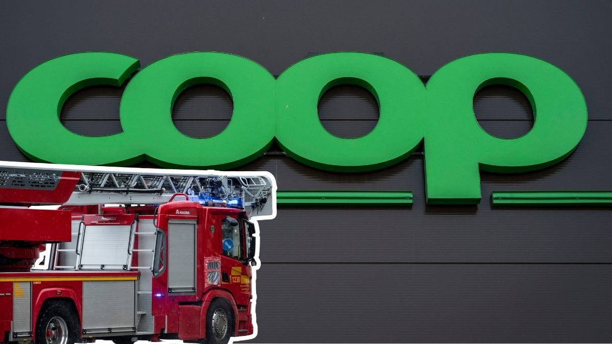 Brandbild och Coop-skylt.
