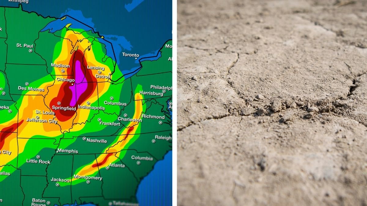 Väderkarta vänster. Uttorkad mark höger.