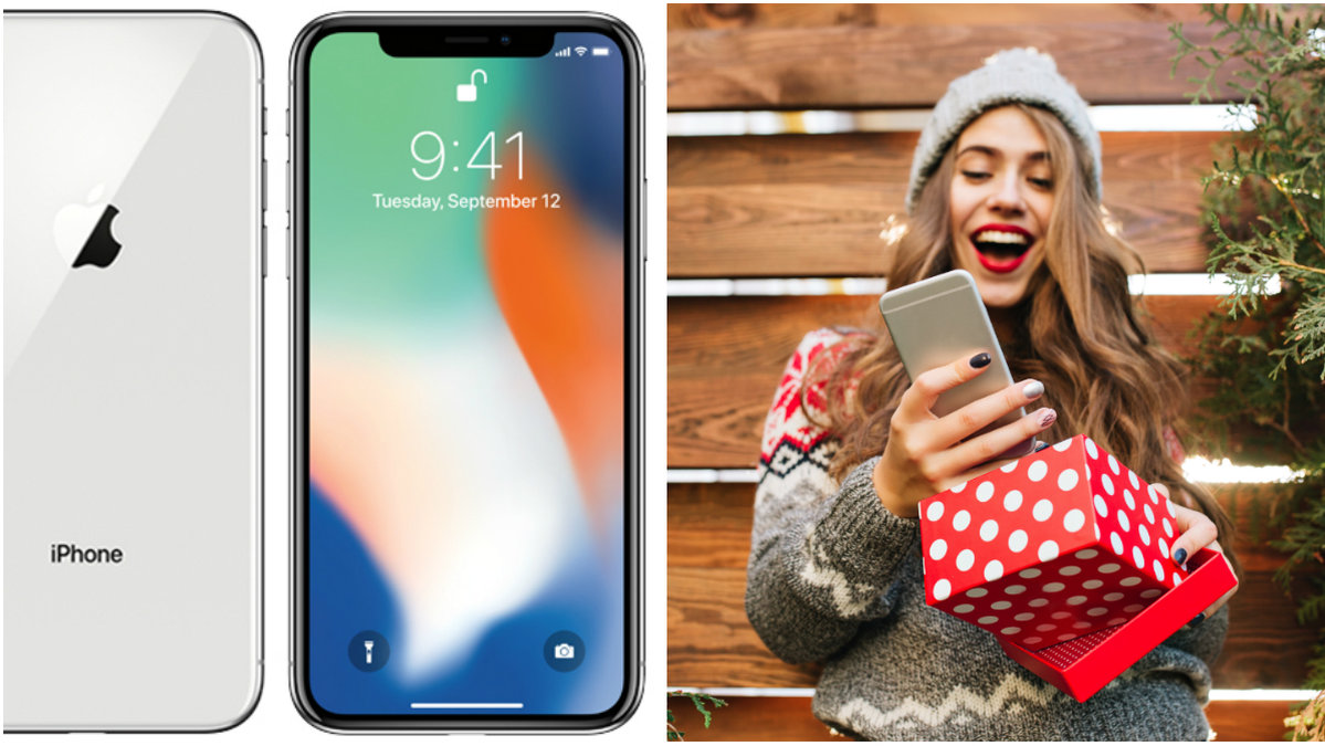 iPhone X och tjej som får mobiltelefon i julklapp