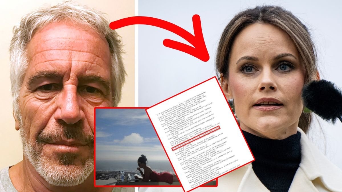 Jeffrey Epstein vänster. Prinsessan Sofia höger. Gästlistan utklippt och bild på prinsessan sofia utklippt i mitten.