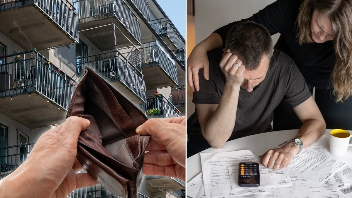 Ett bostadshus, ett par som håller om varandra och tittat på räkningar samt en tom plånbok.