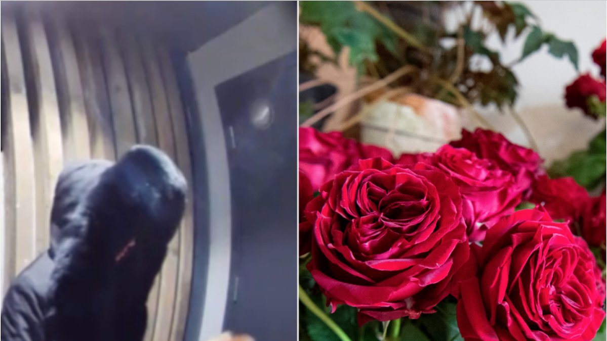 Rånarna låtsas vara blombud. 