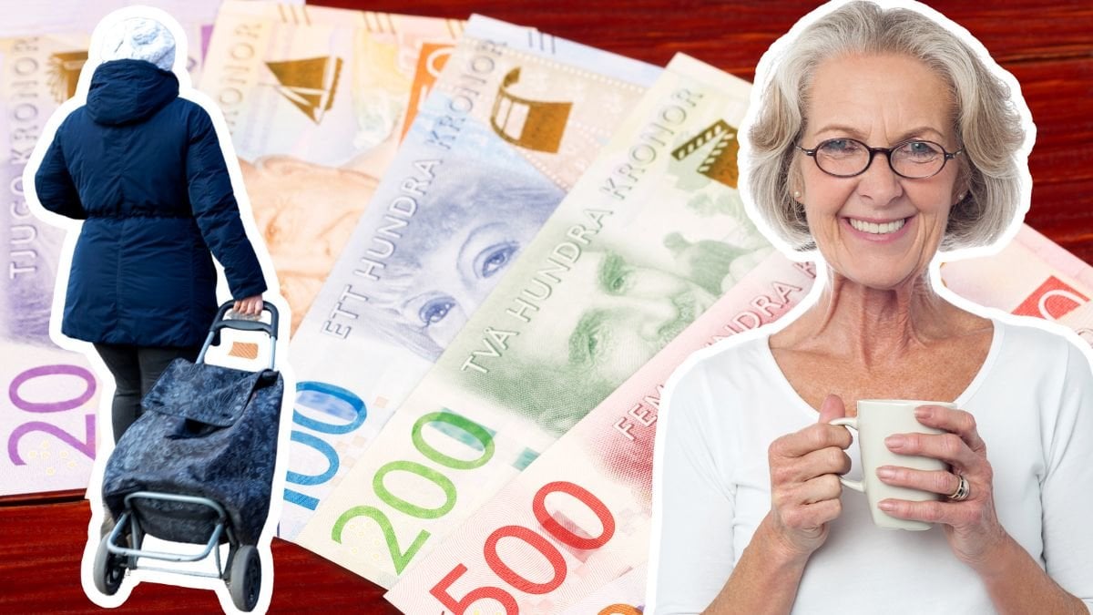 Pensionär med dramaten-vagn, pengar och en glad kvinna med kaffekopp i handen.