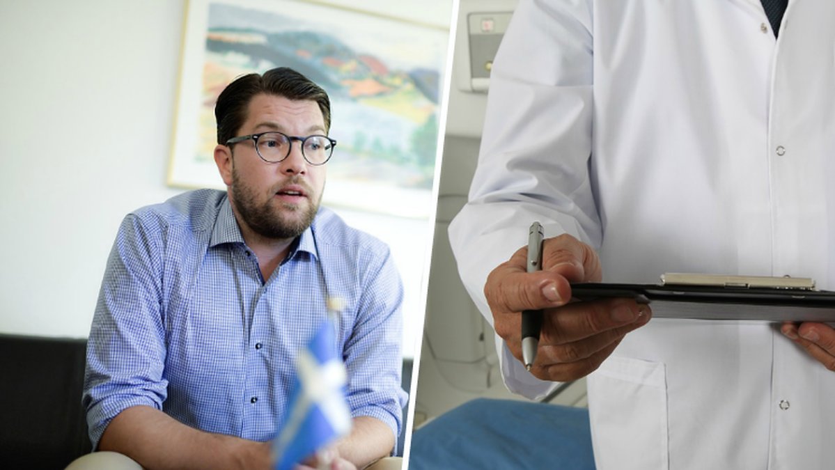 Jimmie Åkesson i blå skjorta och en läkare som håller en journal.