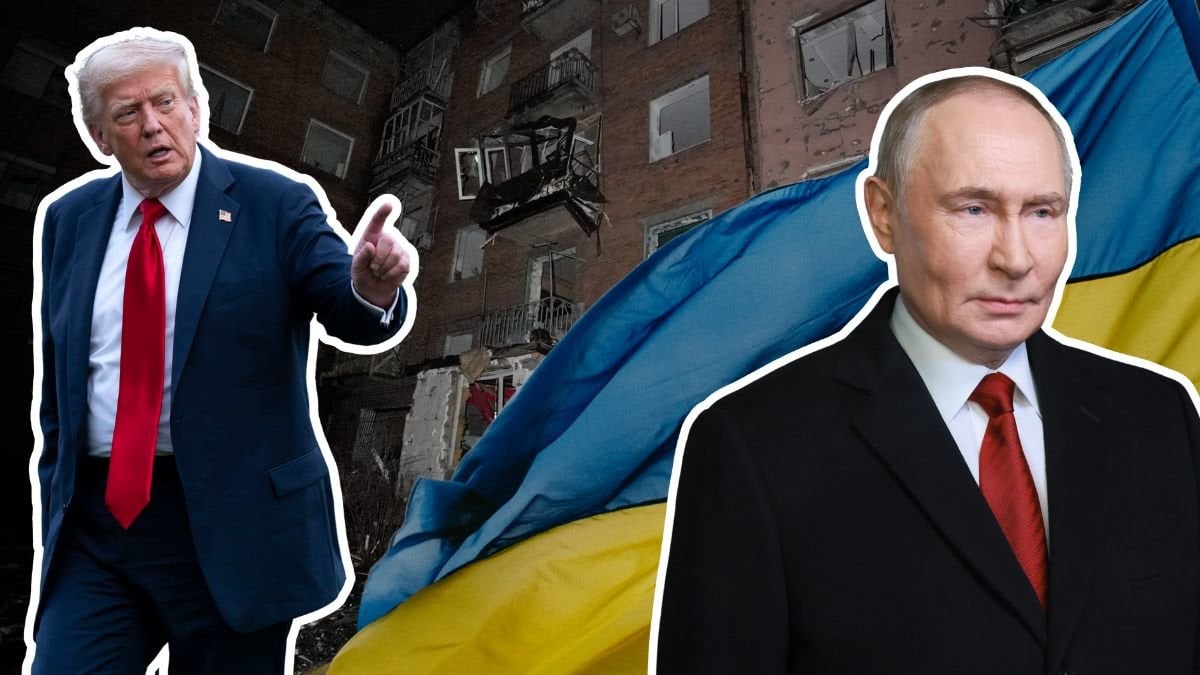 Bombat hus, Ukrainas flagga, Donald Trump och Valdimir Putin.