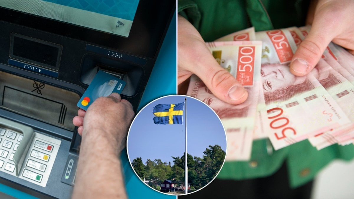 Bankomat, pengar och svensk flagga.