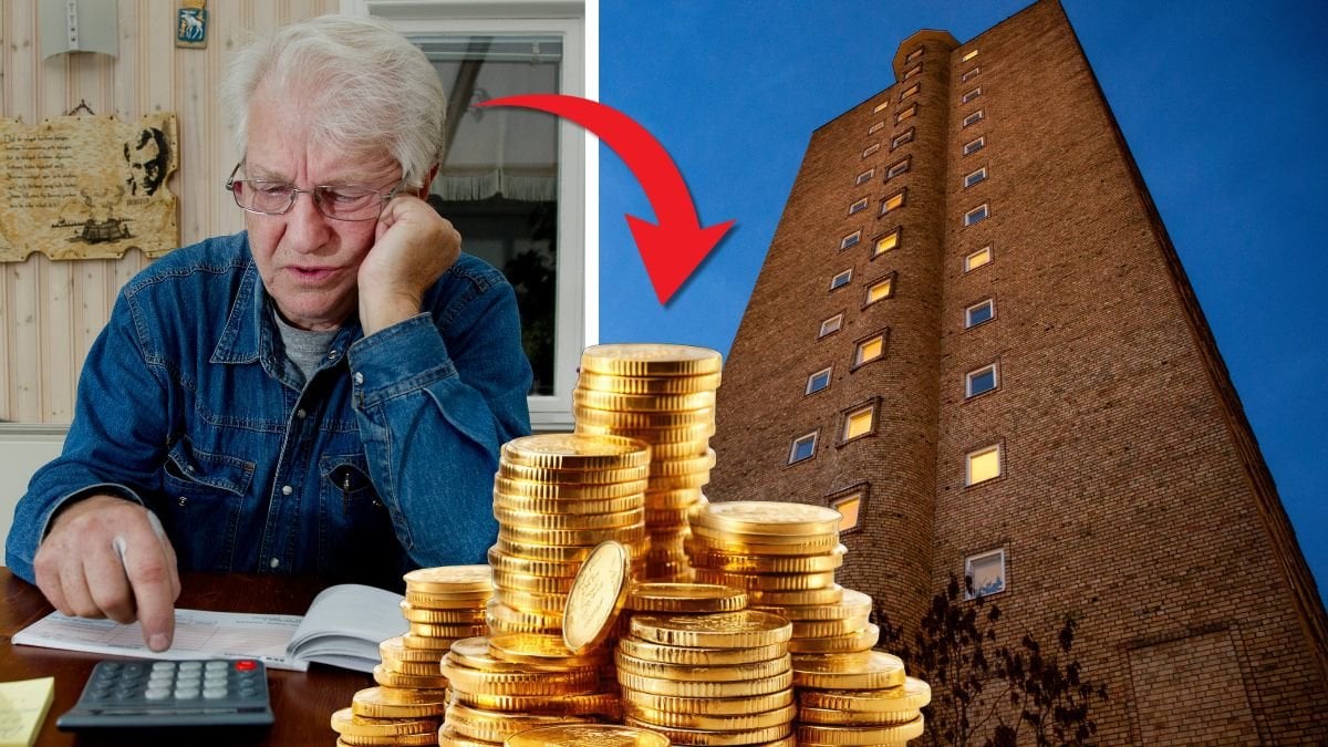 Äldre man med räkningar och ett bostadshus.