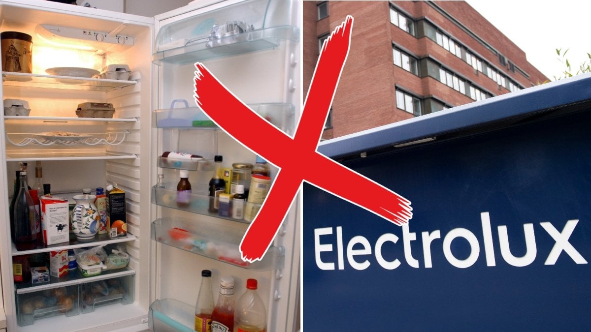 Bild på Electrolux-skylt och ett kylskåp.